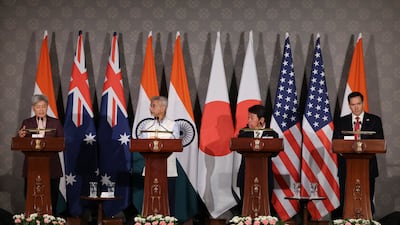 Australian Foreign Minister Penny Wong, Japanese Foreign Minister Toshimitsu Motegi, Indian External Affairs Minister Subrahmanyam Jaishankar and US Secretary of State Marco Rubio after meeting in New Delhi on May 26. Reuters