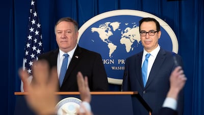 US Secretary of State Mike Pompeo, left, and Treasury Secretary Steven Mnuchin present details of the new sanctions on Iran. AP Photo