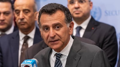 Mahmoud Daifallah Hmoud speaks at the UN Headquarters. Mr Hmoud, Jordan’s ambassador to the UN, was unanimously elected by the Security Council on May 27 to the International Court of Justice based in the Netherlands. Getty Images