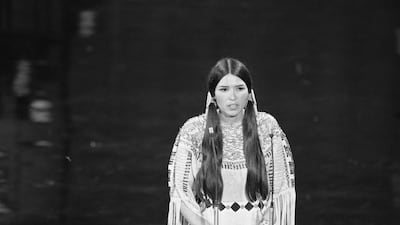 Native American Sacheen Littlefeather speaks at the 45th Academy Awards. On behalf of Marlon Brando, she refused the Best Actor award for his role in 'The Godfather'. Brando refused the award because of the depiction of Native Americans in Hollywood films. Getty Images