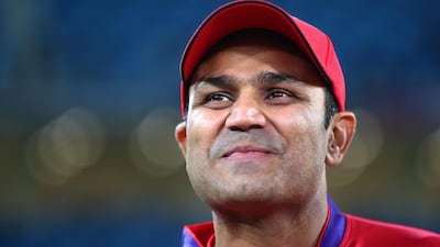 Virender Sehwag of Gemini Arabians looks on during the opening match of the Oxigen Masters Champions League 2016 between Libra Legends and Gemini Arabians on January 28, 2016 in Dubai, United Arab Emirates. Francois Nel/Getty Images