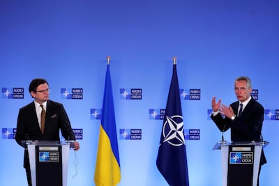 Nato Secretary General Jens Stoltenberg, right, pictured with Ukrainian Foreign Minister Dmytro Kuleba, called on Russia to stop its provocations. Reuters