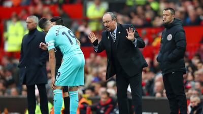 Rafael Benitez, manager of Newcastle United, gives instructions to Javier Manquillo. Getty Images