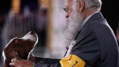 An Irish Red and White Setter with its handler at the 145th Annual Westminster Kennel Club Dog Show in Tarrytown, New York. EPA