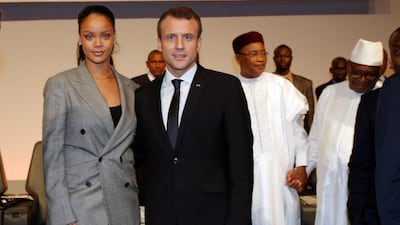 French President Emmanuel Macron and singer Rihanna attend a financing conference, an Investment in the Future, organised by the Global Partnership for Education in Dakar, Senegal this week. Philippe Wojazer/Reuters