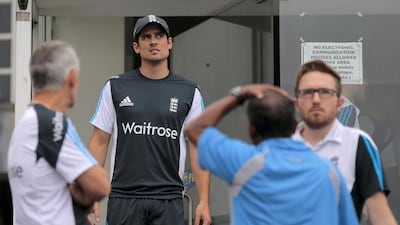 Alastair Cook, second left, will lead the Marylebone Cricket Club (MCC) team in the Emirates Twenty20 tournament here Friday and the four-day Champion County match in Abu Dhabi starting Sunday. (AP Photo/Eranga Jayawardena)
