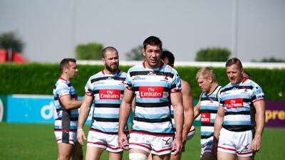 Nathan Hines, centre, the former Scotland international lock, and Andy Farrell, left, the former England dual-code international, playing for Joining Jack at the 2015 Dubai Rugby Sevens. Victor Besa for The National.