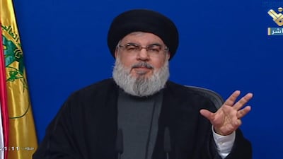 Hezbollah's Secretary General Hassan Nasrallah delivering his speech in an Al-Manar TV broadcast. EPA