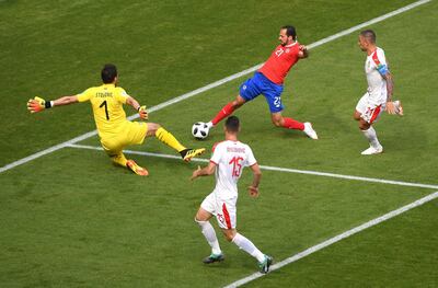 Marcos Urena of Costa Rica has his shot saved by Serbia goalkeeper Vladimir Stojkovic. Stu Forster/Getty Images