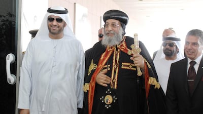 Coptic Pope Tawadros II arrives in Abu Dhabi on Friday. WAM