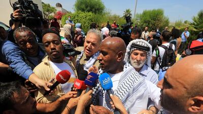 Abdullah Abu Jaber, longest serving Jordanian prisoner in Israeli jails, speaks to media after being released upon arrival at Sheikh Hussein Crossing between Israel and Jordan. EPA