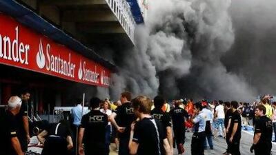 BARCELONA, SPAIN - MAY 13: Extensive damage is caused as a fire breaks out at the back of the Williams team garage after they celebrated winning the Spanish Formula One Grand Prix at the Circuit de Catalunya on May 13, 2012 in Barcelona, Spain. (Photo by Vladimir Rys/Getty Images) *** Local Caption *** 144307250.jpg