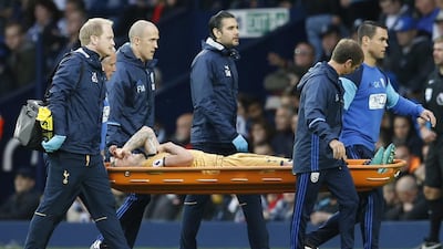 Tottenham’s Toby Alderweireld is stretchered off after sustaining a injury against West Bromwich at The Hawthorns on Oct. 15, 2016. Andrew Boyers / Reuters