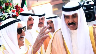 A photo provided by the Kuwaiti news agency KUNA on October 16, 2019 shows the Emir of Kuwait Sheikh Sabah al-Ahmad al-Jaber al-Sabah (R) waving next to Kuwaiti Crown Prince Sheikh Nawaf al-Ahmad al-Jaber al-Sabah for officials as he arrives at Kuwait international airport. Al-Sabah, returned home today after undergoing medical tests in the United States, according to the official KUNA news agency. The 90-year-old ruler was admitted to a US hospital just days before he was scheduled to meet US President Donald Trump on September 12. - === RESTRICTED TO EDITORIAL USE - MANDATORY CREDIT "AFP PHOTO / HO / KUNA" - NO MARKETING NO ADVERTISING CAMPAIGNS - DISTRIBUTED AS A SERVICE TO CLIENTS === / AFP / KUNA / - / === RESTRICTED TO EDITORIAL USE - MANDATORY CREDIT "AFP PHOTO / HO / KUNA" - NO MARKETING NO ADVERTISING CAMPAIGNS - DISTRIBUTED AS A SERVICE TO CLIENTS ===