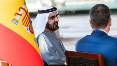 Sheikh Mohammed bin Rashid, Vice President and Ruler of Dubai, meets Spanish Prime Minister Pedro Sanchez at Expo 2020 Dubai. All photos: @HHShkMohd via Twitter