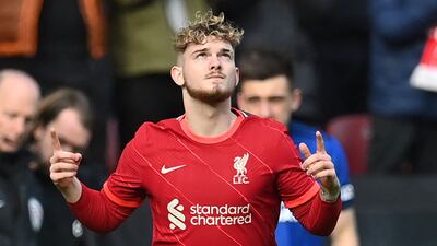Liverpool's Harvey Elliott comes on to make his first appearance after five months out injured. AFP