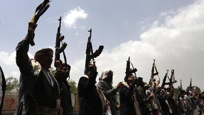 Pro-Houthi Yemenis at a rally in support of senior Houthi leader Saleh Al Samad who was killed last week. EPA/YAHYA ARHAB