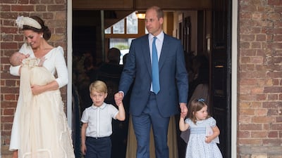 Catherine and Prince William with Prince George, Princess Charlotte and Prince Louis after Louis' christening at St James's Palace, London, in July 2018