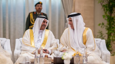 Sheikh Hamad bin Mohammed Al Sharqi, Ruler of Fujairah and Sheikh Saud bin Saqr Al Qasimi, Ruler of Ras Al Khaimah, at Mushrif Palace. Abdulla Al Neyadi / UAE Presidential Court