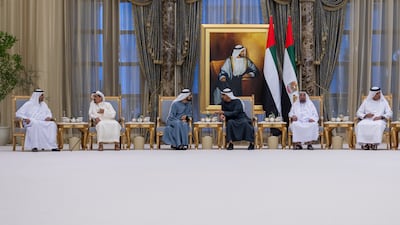 President Sheikh Mohamed with Sheikh Mohammed bin Rashid, Vice President and Ruler of Dubai, Sheikh Dr Sultan bin Muhammad Al Qasimi, Ruler of Sharjah, Sheikh Humaid bin Rashid Al Nuaimi, Ruler of Ajman, Sheikh Hamad bin Mohammed Al Sharqi, Ruler of Fujairah, Sheikh Saud bin Saqr Al Qasimi, Ruler of Ras Al Khaimah, and Sheikh Rashid bin Saud Al Mualla, Crown Prince of Umm Al Quwain at Qasr Al Watan, Abu Dhabi. All photos: UAE Presidential Court