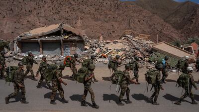 Moroccan troops prepare to embark on relief missions in the mountains near Talat N'Yaaqoub. Getty Images