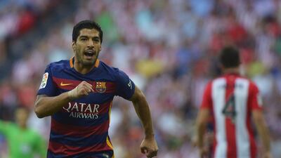Barcelona's Luis Suarez celebrates a goal during their La Liga opening win against Athletic Bilbao on Sunday. Vincent West / Reuters / August 23, 2015