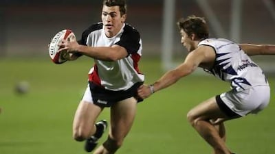 Michael Sole of Dubai Exiles in action during the training at the rugby field in Dubai Sports City.