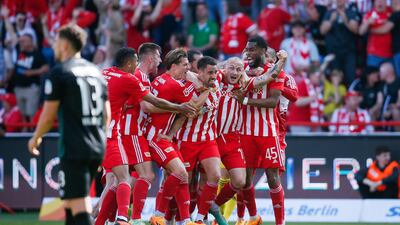 Rani Khedira celebrates with Union Berlin teammates after scoring the only goal of the game against Werder Bremen. Getty