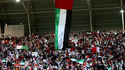Ten thousand flags, scarves and hats will be provided to UAE fans who make the journey to Riyadh on Friday for the UAE’s opening match against Oman at the 22,500-capacity Prince Faisal bin Fahd Stadium. AFP PHOTO/MARWAN NAAMANI