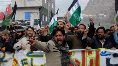 Hizbul Mujahideen supporters chant slogans during a protest in Muzaffarabad, the capital of Pakistani-administered Kashmir. Kashmir is among a number of disputed areas that have been subject to tensions since India and Pakistan declared independence. AFP / Sajjad Qayyum