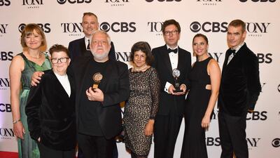 Actor Simon Russell Beale, fourth left, and playwright Ben Power, third right, winners of Best Performance by an Actor in a Leading Role in a Play and Best Play for 'The Lehman Trilogy', at the Tony Awards in New York on Sunday. AFP