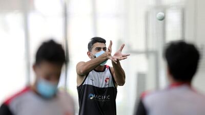 Captain Ahmed Raza during training as the UAE team returned to training at the ICC Academy in Dubai on Sunday, June 7, 2020, after the government eased lockdown restrictions. Chris Whiteoak / The National