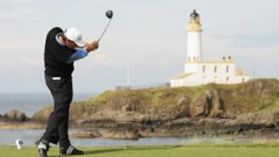 Paul Lawrie tees off on the ninth hole at Turnberry.