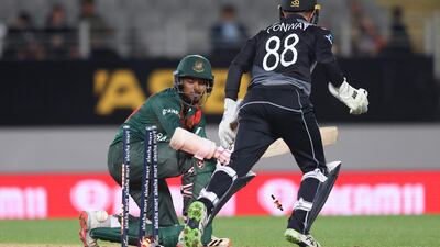 Bangladesh’s Najmul Shanto is bowled in Auckland. AFP