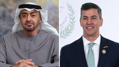 President Sheikh Mohamed, left, and Paraguay's President Santiago Pena. Ministry of Presidential Affairs / Getty Images