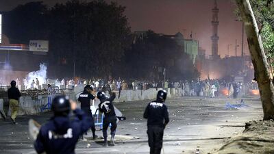 Supporters of Islamic political party Tehrik Labaik Ya RasoolAllah (TLP) during a protest over the Khadim Hussain Rizvi arrest in Karachi, Pakistan. Tehreek-e-Labbaik Pakistan (TLP) chief Khadim Hussain Rizvi has been taken into protective custody by the police. EPA