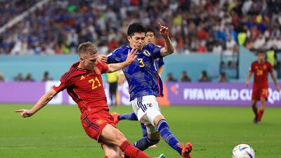 Shogo Taniguchi - 9, Was solid defensively, making a great block to stop Olmo’s shot from the edge of the box. Booked for a late challenge on Gavi. Dealt with Marco Asensio’s cross well and headed away Olmo’s ambitious strike as he played a key role in ensuring that Spain couldn’t find an equaliser. Getty Images
