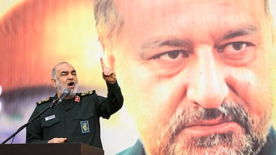 Islamic Revolutionary Guard Corps Commander-in-Chief Maj Gen Hossein Salami during the funeral ceremony in Tehran for Razi Mousavi. Reuters