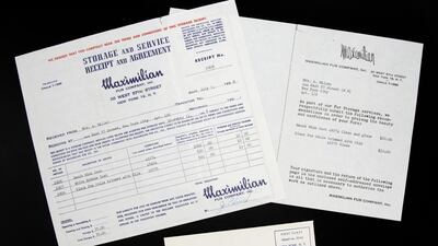 A receipt, left, from Maximilian Fur Company in New York for the storage and service of two fur coats and one fur stole, all owned by Monroe. The company also provided Monroe with a recommendation of services for the mink coat and fox stole, right. Courtesy Julien's Auctions