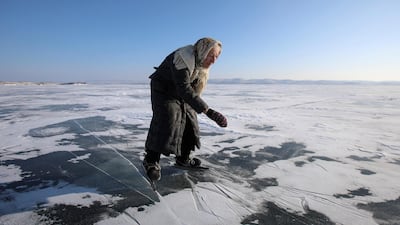 Lifelong skater Lyubov Morekhodova, 79, travels ice-covered Lake Baikal in the Irkutsk region of south-central Russia. Reuters