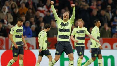 Manchester City striker Erling Haaland celebrates scoring the opening goal with teammates. AFP