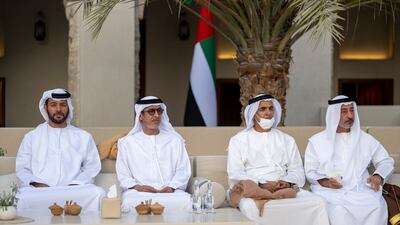 Sheikh Saeed bin Saif bin Mohamed, Sheikh Rashid bin Hamdan bin Mohamed, Sheikh Khalifa bin Saif bin Mohamed and Sheikh Nahyan bin Hamdan bin Mohamed attend the group wedding reception.