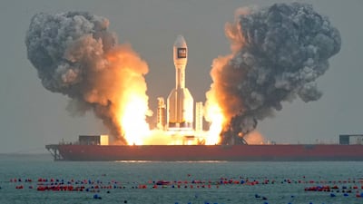 A Gravity-1 rocket lifts off from the Yellow Sea near Haiyang in China's eastern Shandong province. The rocket - claimed to be the world biggest solid-fuel carrier rocket - was making its second launch and carried a wide-field satellite and two experimental satellites into orbit. AFP