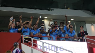 Speranza 22 players celebrate after winning the International Invitational at the Dubai Rugby Sevens. Courtesy Rory Greene
