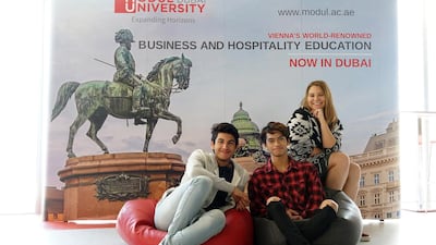 From left, Abdul Aalim, 18, Lance Locquiao, 17, and Saskia Langhammer, 18, are among the students in the first intake at Modul University in Dubai. Delores Johnson / The National