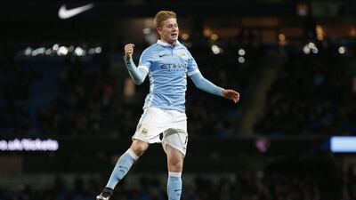 Kevin De Bruyne celebrates scoring Manchester City’s fourth goal in their 4-1 League Cup quarter-final win over Hull City on Tuesday. Phil Noble / Reuters