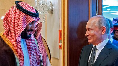 Prince Mohammed bin Salman meets with Mr Putin in Riyadh. AFP