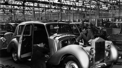 A Rolls-Royce Silver Dawn on the assembly line at the company's wfactory in Crewe, Cheshire, in 1950.
