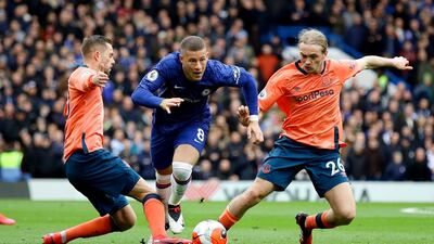 Chelsea's Ross Barkley surges past Tom Davies and Gylfi Sigurdsson of Everton. Reuters