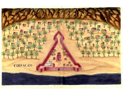 The Fort of Khor Fakkan in UAE, a 17th century Portuguese manuscript, drawings by Pedro Barreto de Resende. DCT Abu Dhabi